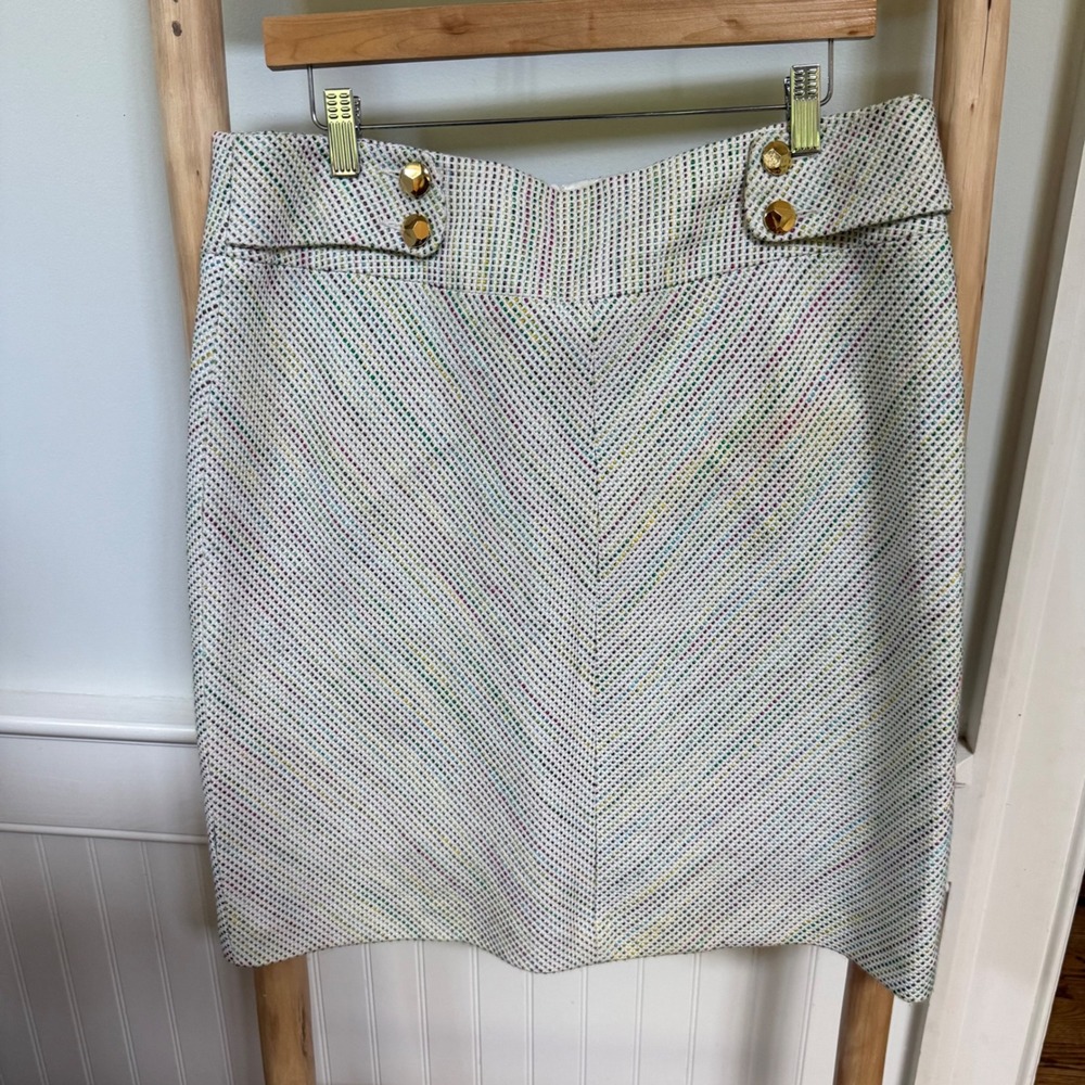 Trina Turk Multi Color Tweed Chevron‎ Pencil Skirt Gold Buttons Size 12 Made USA